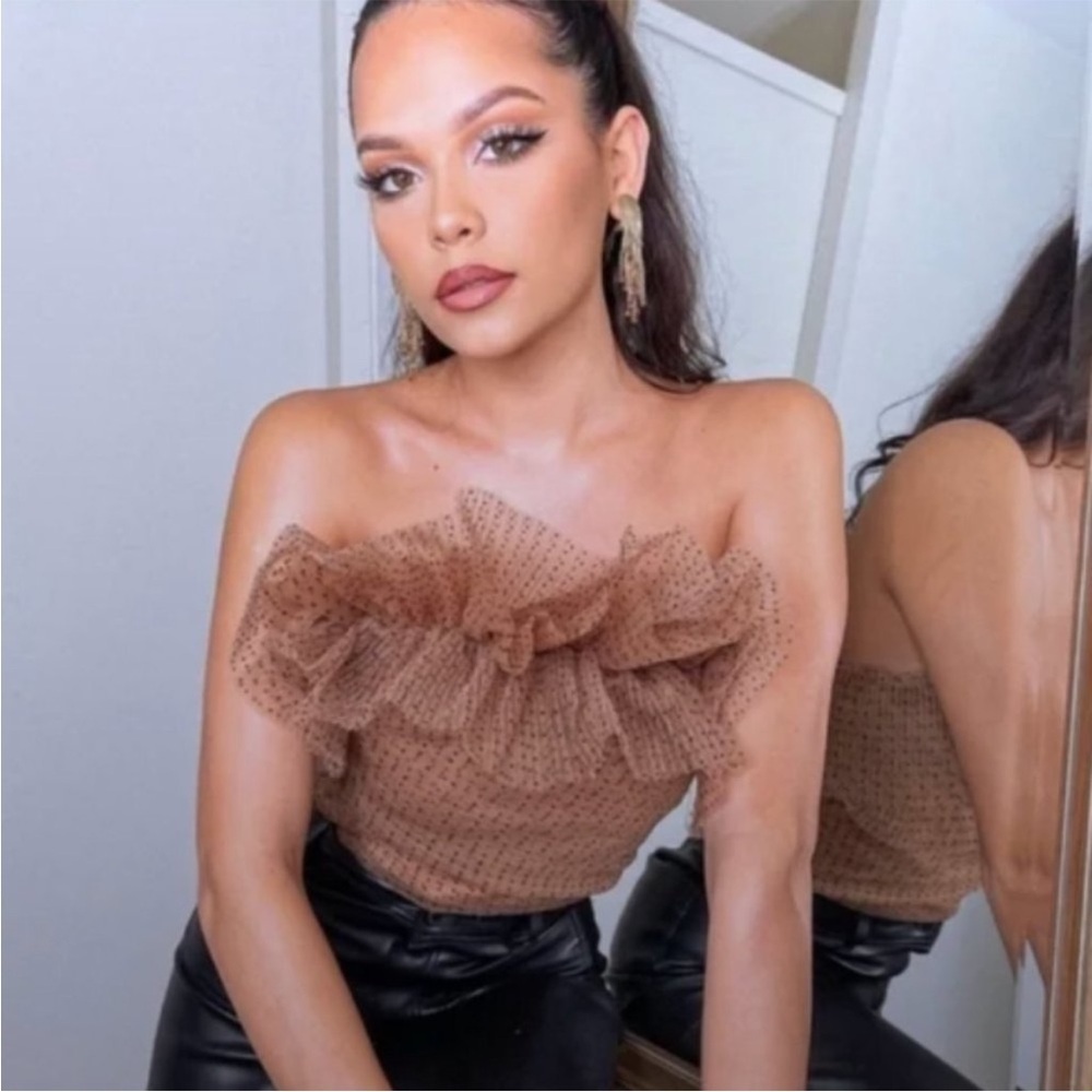 Zara Tan Ruffled Off-Shoulder Blouse - Picture 3 of 14